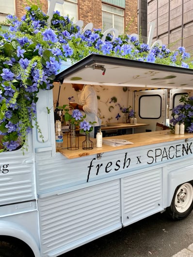 Fresh blue Citroen H Vanwith trialing external flowers and internal coffee shop