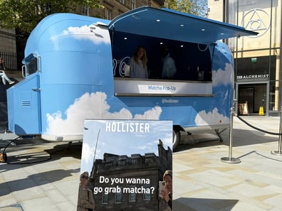 Hollister's blu matcha pop-up experience Airstream.