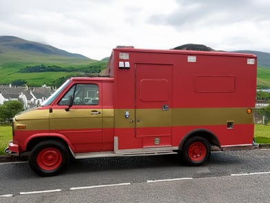An American ambulance called a side step van, wrapped in red and for SHEIN, by Promohire.