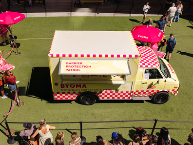 The American ambulance, made into a promotional vehicle for BYOMA, seen from above.