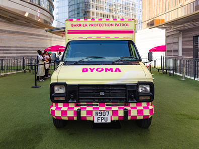 A front view of the BYOMA branded promotional ambulance, from America and created by Promohire.