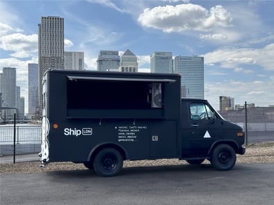 The side of an American ambulance, hired as part of a London brand activation or experiential marketing campaign.