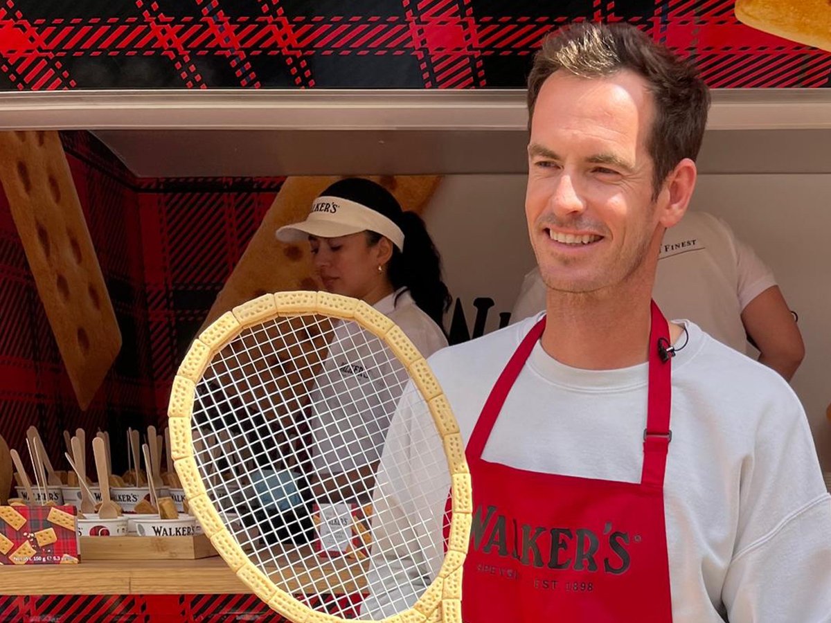Andy Murray acts as influencer and brand ambassador in collaboration with Walker's Shortbread, with a biscuit tennis racket and free samples.