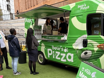 Staff about to give out pizzas for AO's food and beverage sample campaign.