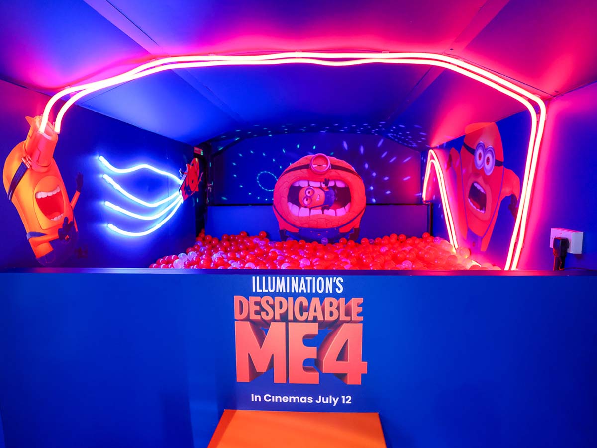 A Despicable Me themed ball pit in Universal's custom double-decker promotional bus, from Promohire.