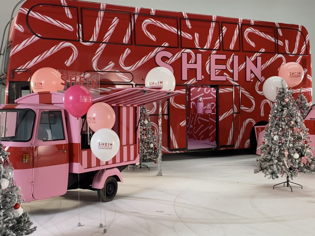 One of SHEIN's double-decker buses, on display for Christmas.