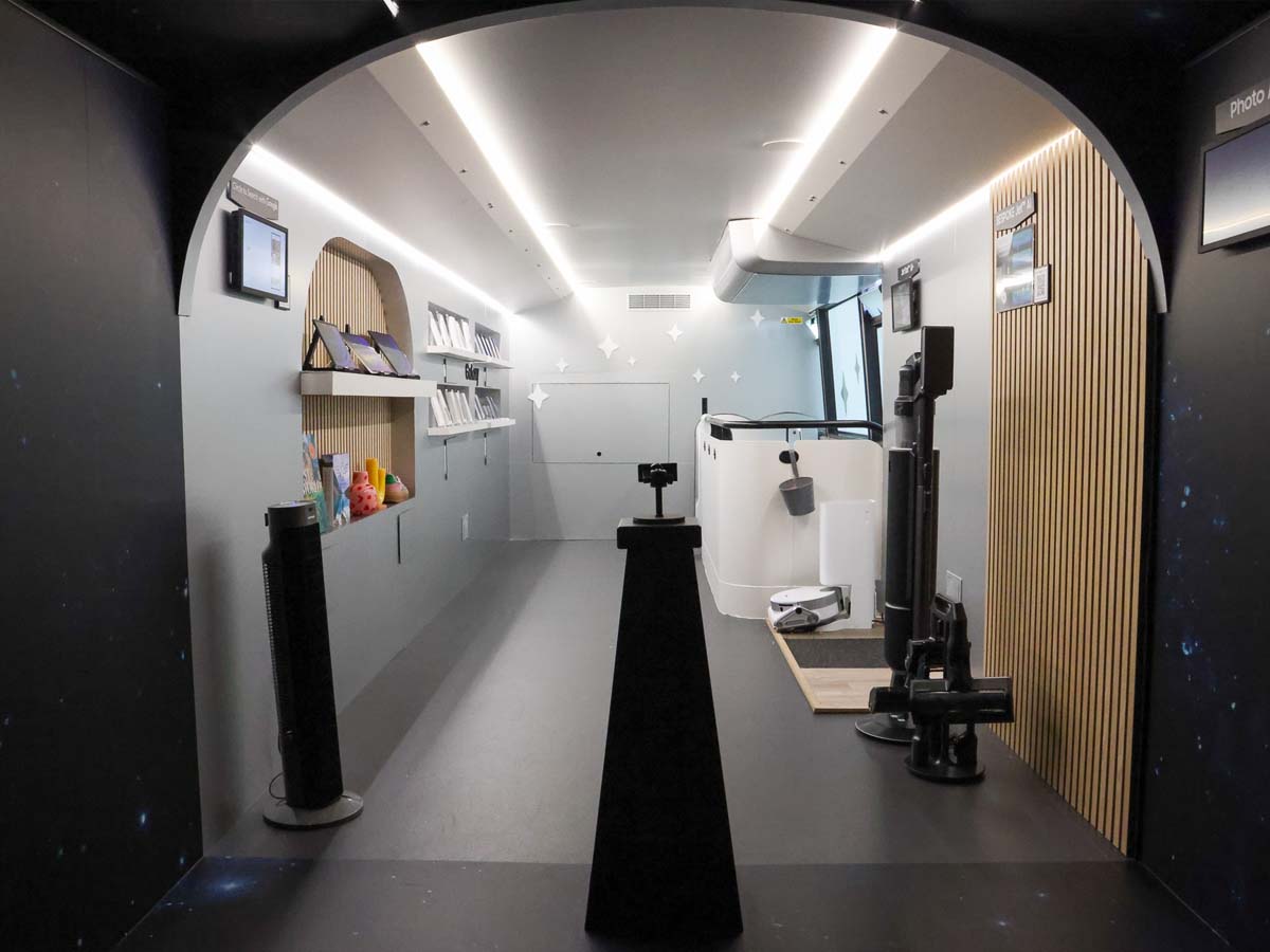 The interior of Samsung's promotional double-decker bus.