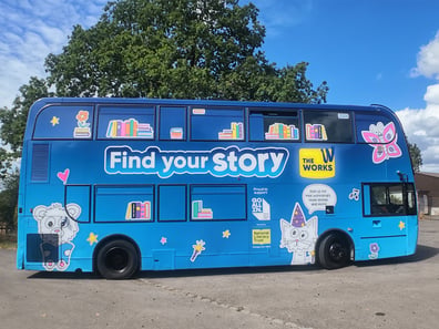 A promotional bus, hired by The Works for the 'Find your Story' children's campaign.