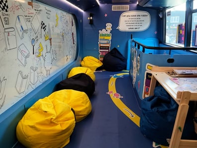 A play area inside the Find Your Story double-decker bus for The Works, customised by Promohire.