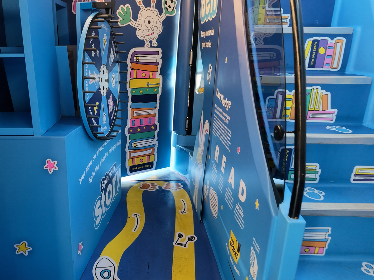 A children's design, custom built for The Works' Find your Story double-decker bus.
