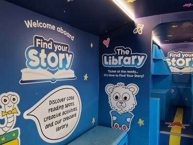 Children's images for the immersive experience bus, designed to encourage reading, designed and built by Promohire.