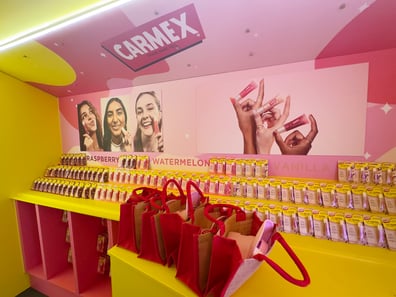 Inside the Carmex shimmer lip gloss double decker bus, from Promohire and Flourish Management.