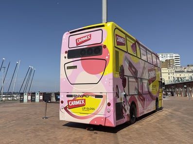 the rear of the Carmex lip gloss double decker bus.