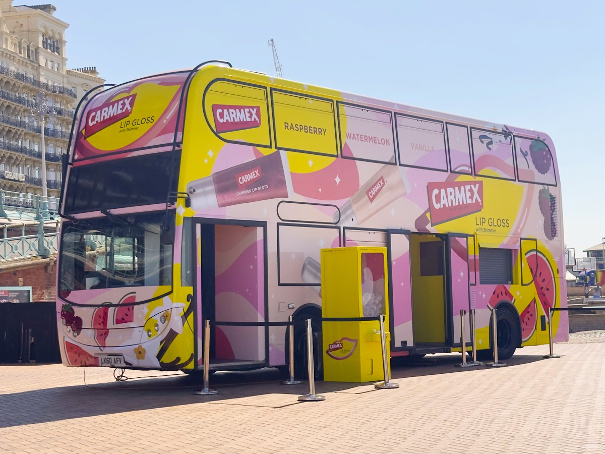 The Carmex Shimmer Lip Gloss double-decker bus, in place for a summer brand activation, by Promohire with thanks to Flourish Management.