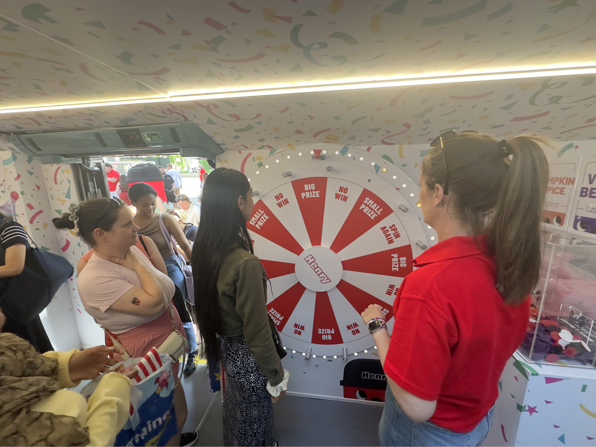 Guests play a spin-to-win game inside the Henry Hoover 45th Anniversary promotional bus hire.