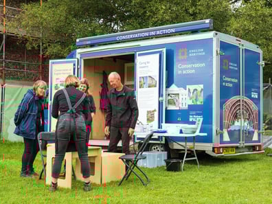English Heritage exhibition vehicle in a park, engaging guests
