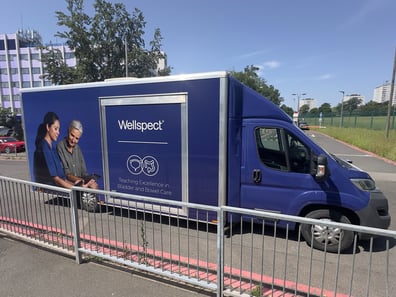 A side view of the Wellspect healthcare roadshow vehicle, designed for training nurses.
