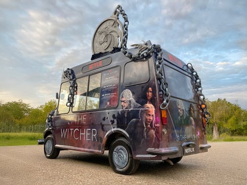 The Witcher ice cream van, seen from the side and rear.