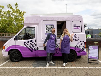 My Money Matters poses with its sweet treat sampling van.
