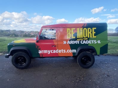A Land Rover Defender, branded for the Army Cadets and their live experiential campaign.