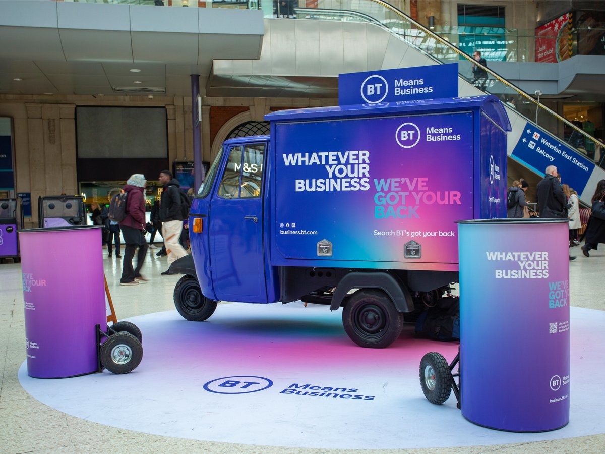 A promo vehicle for BT, in Waterloo Station, as part of a mobile sampling campaign.