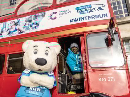 The Macesport Routemaster bus, with a fluffy character and driver.
