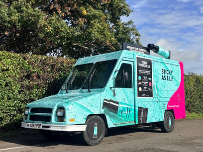 Superdrug and e.l.f's US post van with a roof prop for a brand activation.