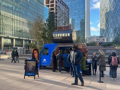 Crowds around a US postal van. This American truck was customised by Promohire. Pictured at the London premiere.