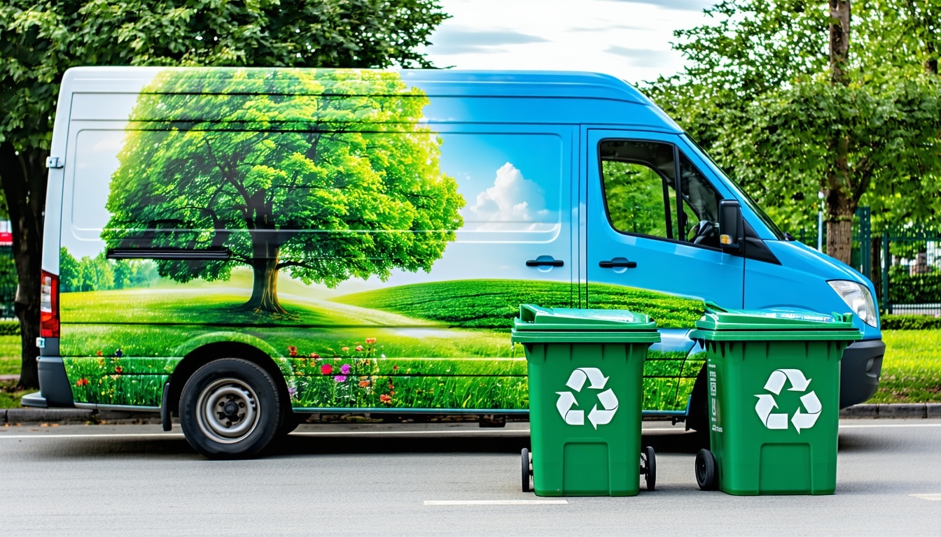 A green vehicle hire wrap on a van next to recycling bins.