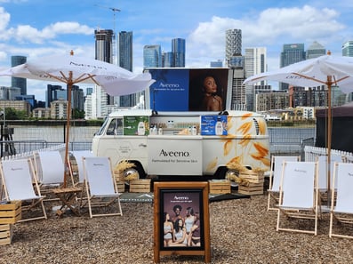Aveeno's beauty Campervan in place, in a city centre by the River Thames in London.