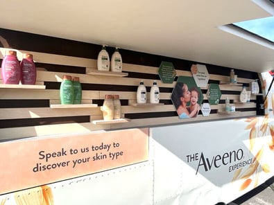 A skincare event product display wall.