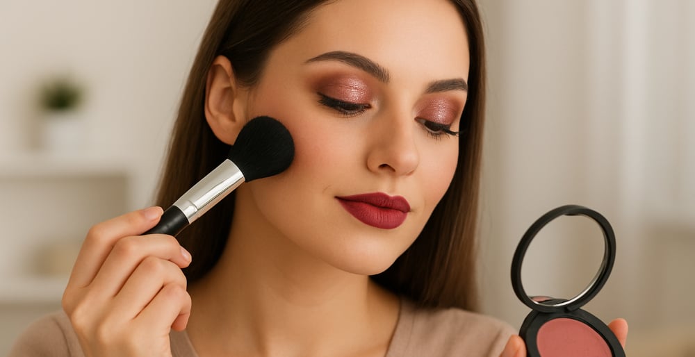 A young woman with a beauty compact and brush, with eye shadow, posing for a beauty marketing campaign.