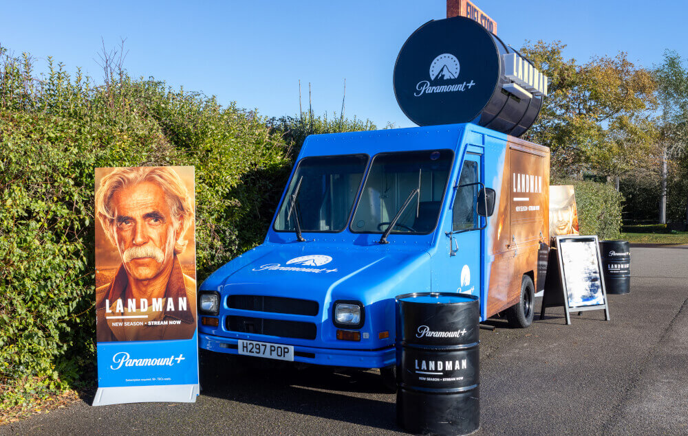 a Utilimaster Aeromate, branded for the Hollywood Company Paramount, promoting its new show Landman, with Promohire.