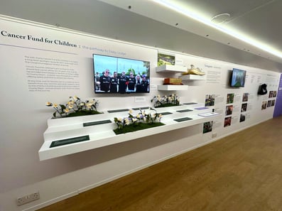 Plants and a digital screen inside ACT's double-decker brand activation bus, with interactive touchpoints.
