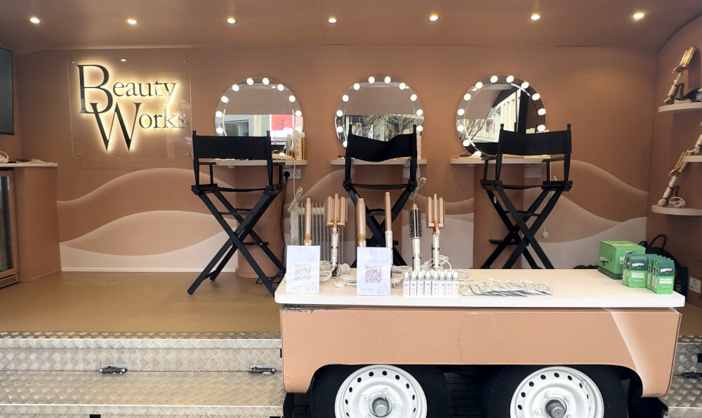 The interior of the Beauty Works custom vintage Airstream.