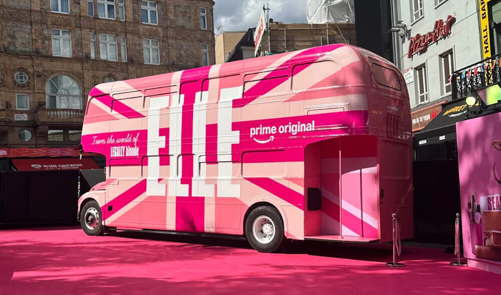 One of Amazon Prime's mobile billboards - in this case a pink bus delivered by Promohire for the TV Premiere.