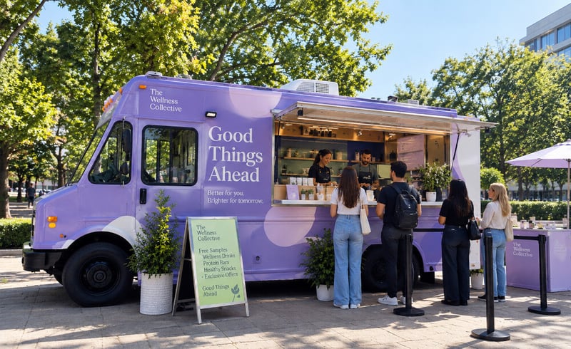 A realistic mockup of FedEx truck hire, used for a product sampling campaign or brand activation.