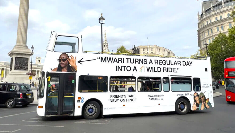 An open-top promotional bus hired by Hinge, pictured in London's Trafalgar Square.