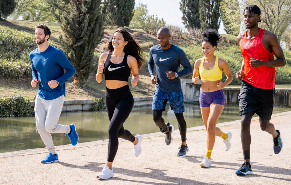 Easy activation ideas for athleisure and activewear brands - A group of NIKE-branded runners together by a river.