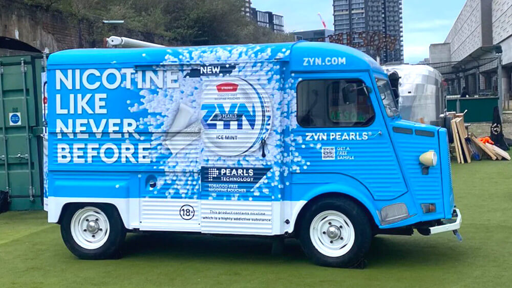 One of Promohire's French Citroen H Vans, branded in blue for ZYN and in place for a live sampling campaign.