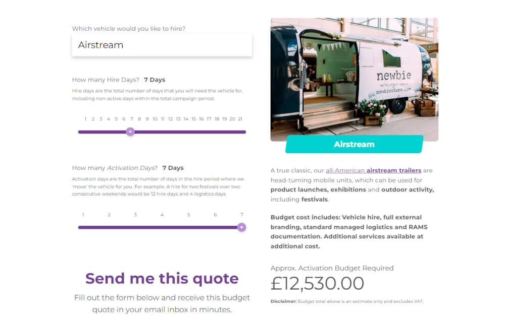 The budget calculator, set up to give a quote for Airstream hire