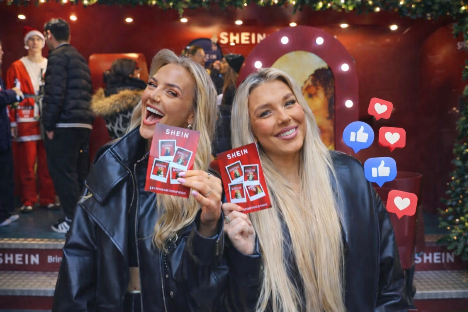 Two blonde influencers pose for SHEIN's brand storytelling event, with social media like and love icons.