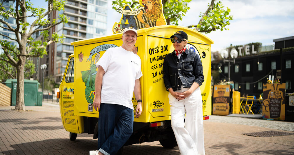 The yellow Piaggio Ape for Data Vandals and Canva