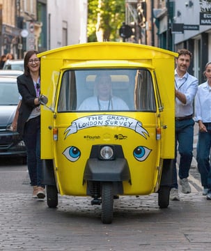 The yellow Piaggio Ape hits London streets for the 'great survey' live campaign.