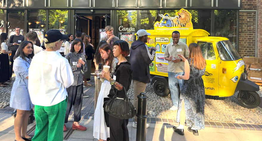 A bustling crowd in London, plus the yellow promotional Piaggio Ape hire, for the Data Vandals brand campaign.
