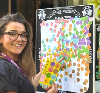 A young woman for Data Vandals places stickers on their customer engagement board.