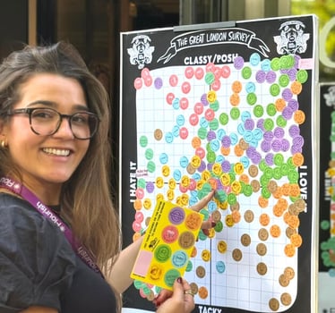 A staff member smiles with the Great Survey Data Vandals sticker board.