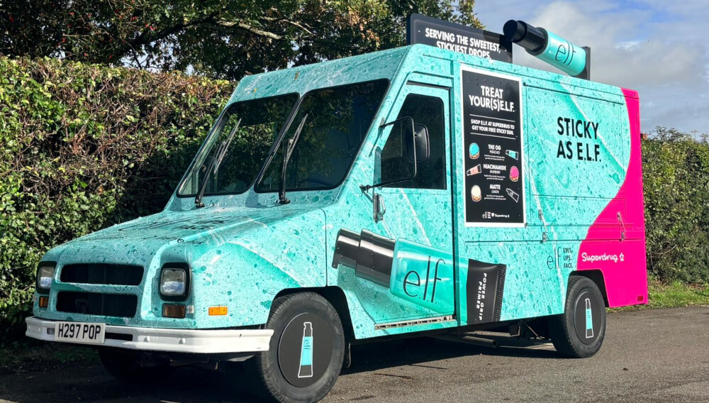 The E.L.F. and Superdrug postal van, with a 3D roof prop, ready for a city beauty experience, event, or campaign.