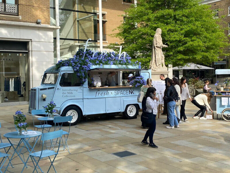 Fresh and SPACE NK's Citroën H Van idea - a blue coffee van with floral details and light blue wrap.