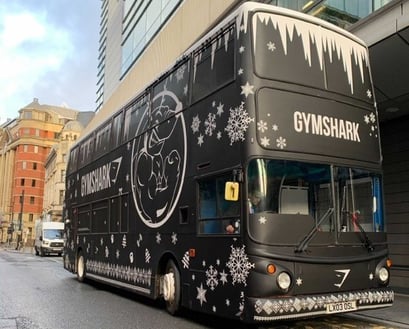 The Gymshark gifting bus, seen from outside.
